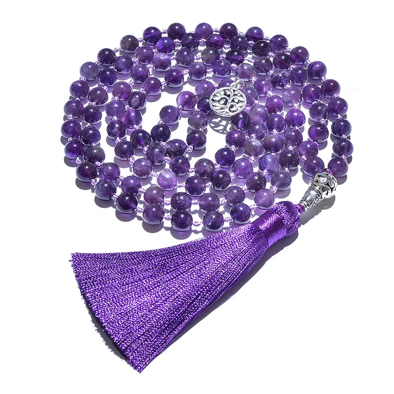 8mm Natural Amethyst Beads Knotted 108 Japa Mala Rosary Necklace Meditation Prayer Yoga Jewelry for Men and Women