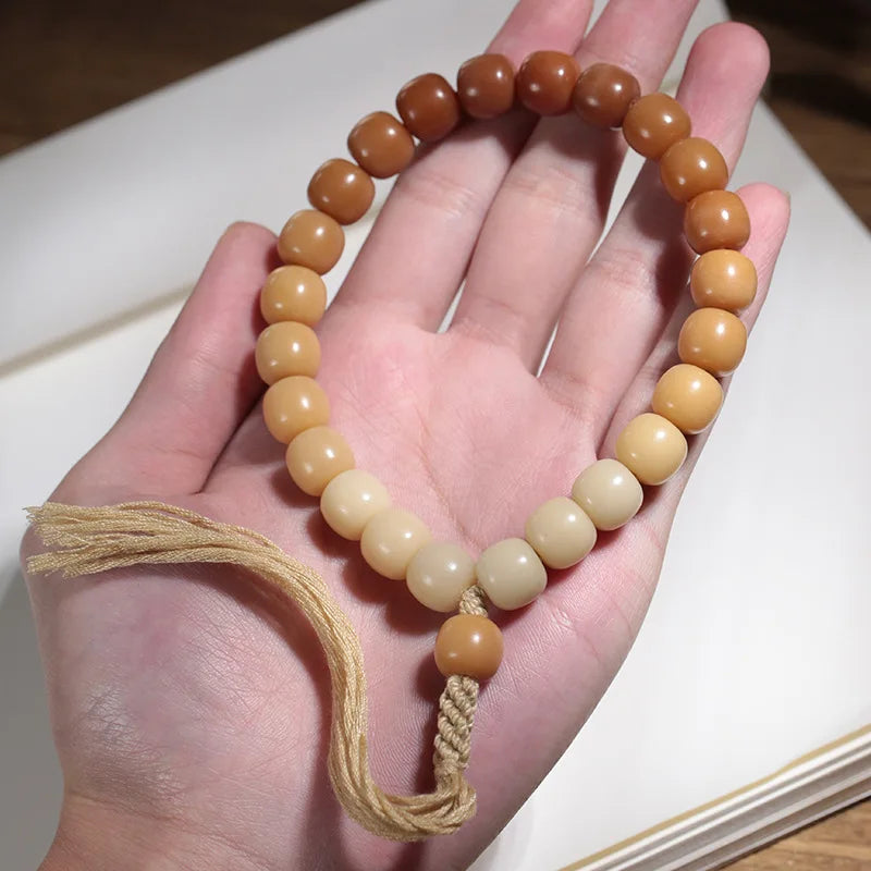 Natural Yellow Gradient Color Bodhi Root Beaded Bracelet Tassel Pendant Holding Mala Rosary Meditation Prayer Women Men Jewelry