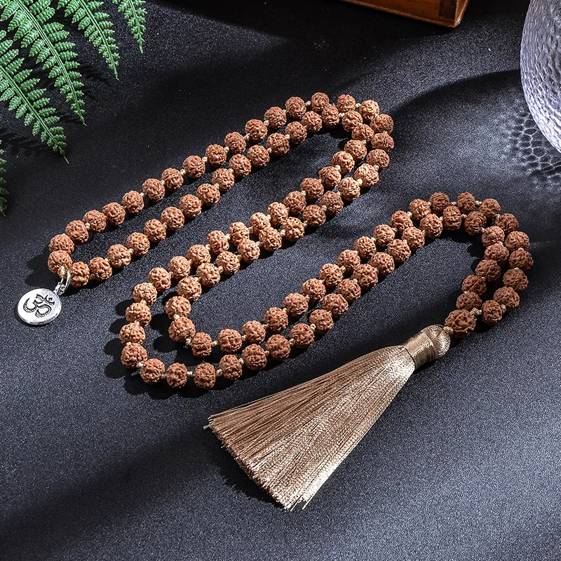 7-8mm Original Rudraksha Beaded Knotted Japamala Necklace Bracelet Set Meditation Yoga Blessing Jewelry 108 Mala Rosary