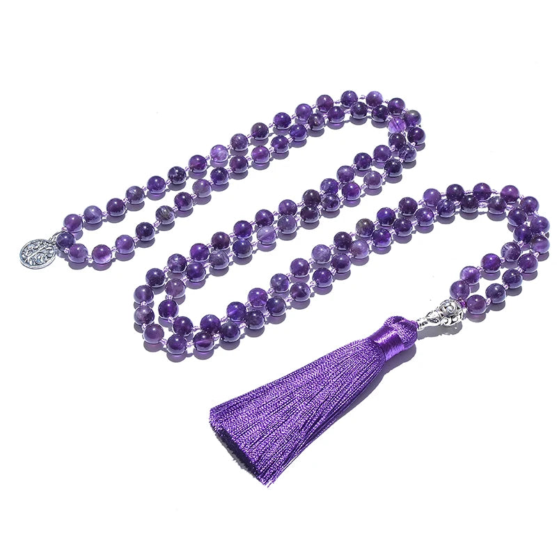 8mm Natural Amethyst Beads Knotted 108 Japa Mala Rosary Necklace Meditation Prayer Yoga Jewelry for Men and Women