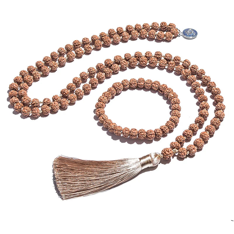 7-8mm Original Rudraksha Beaded Knotted Japamala Necklace Bracelet Set Meditation Yoga Blessing Jewelry 108 Mala Rosary