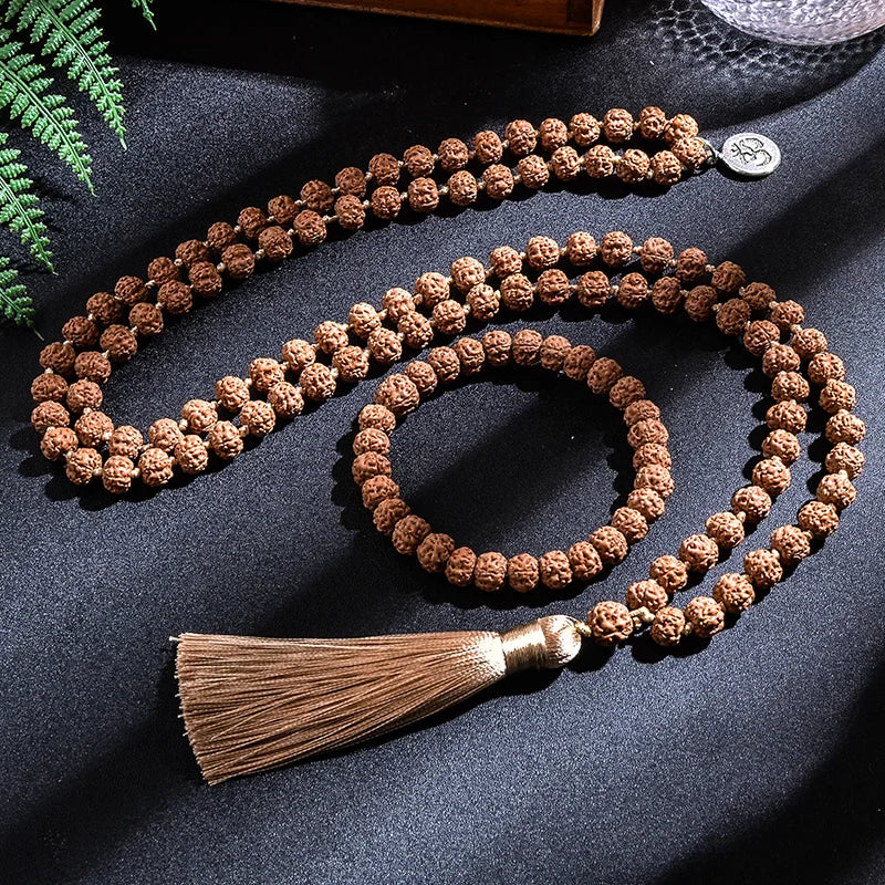 7-8mm Original Rudraksha Beaded Knotted Japamala Necklace Bracelet Set Meditation Yoga Blessing Jewelry 108 Mala Rosary