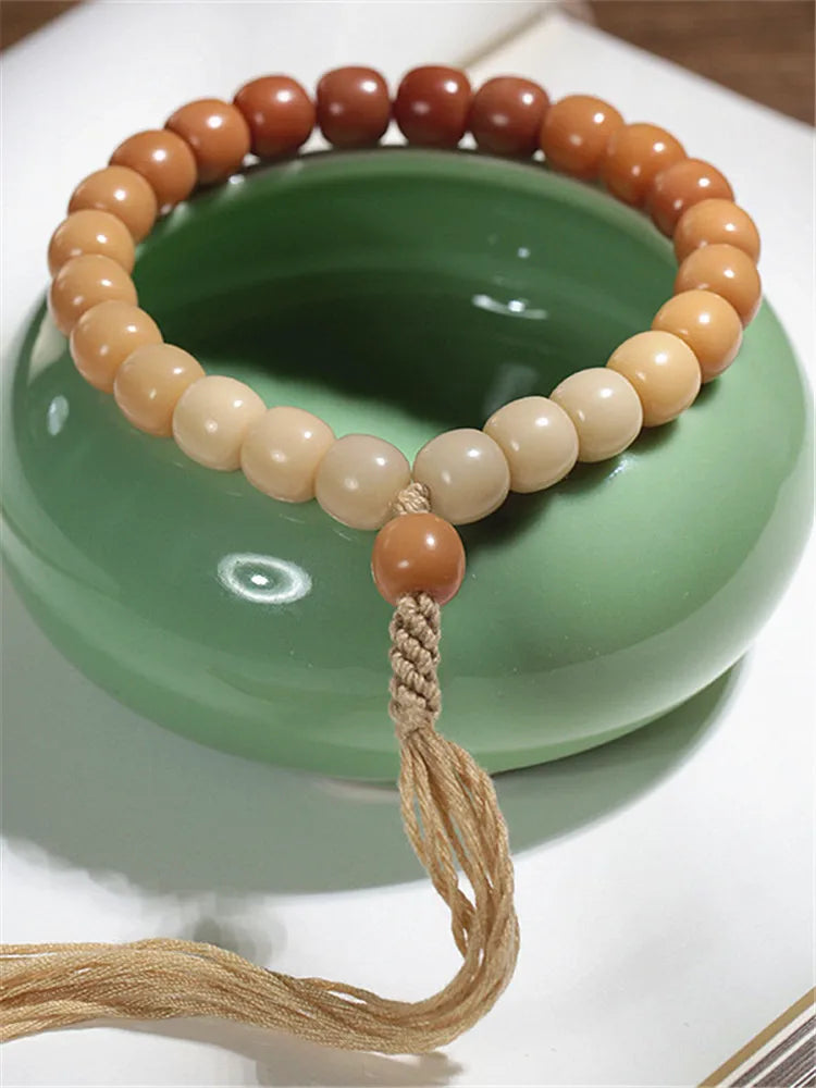 Natural Yellow Gradient Color Bodhi Root Beaded Bracelet Tassel Pendant Holding Mala Rosary Meditation Prayer Women Men Jewelry