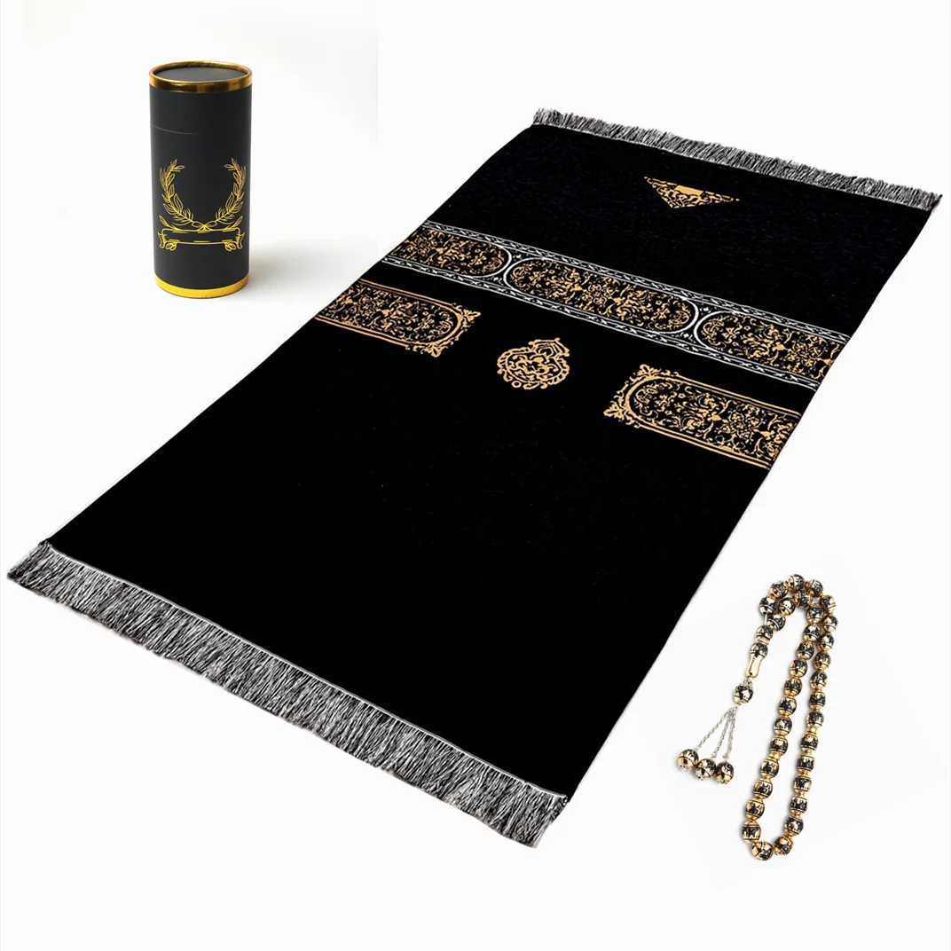 Gift box sajadah kiswah Prayer Rug 70x110 cm Prayer Mat hitam wangi box free tasbih