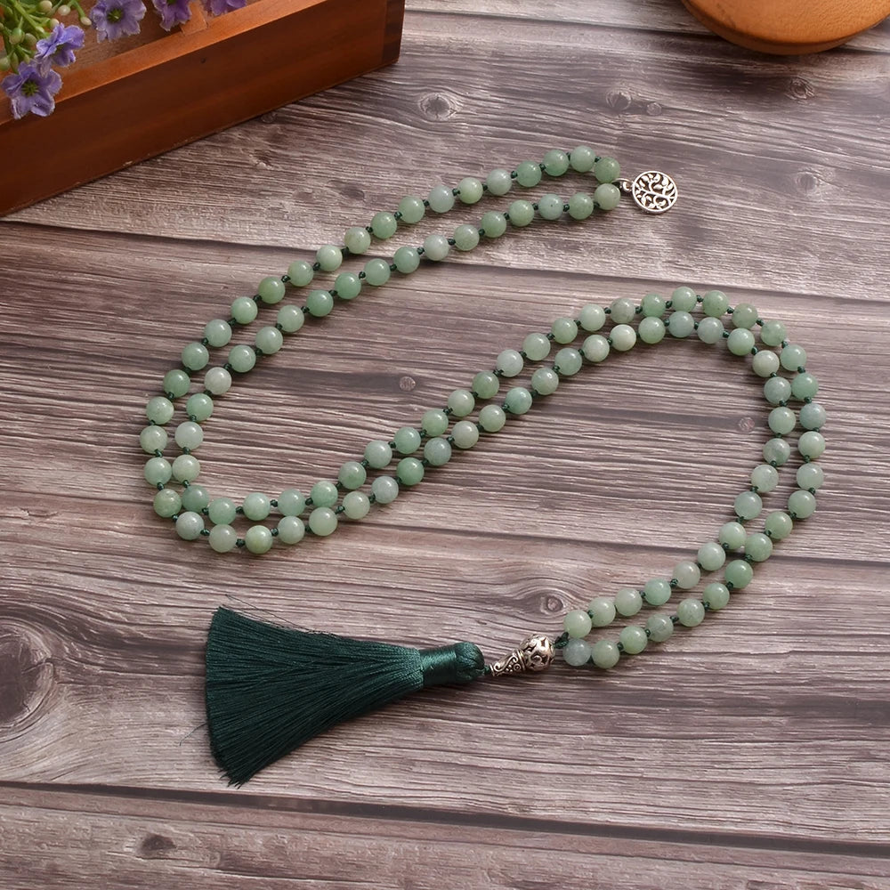 8mm Burmese Stone Beads Knot 108 Mala Necklace Meditation Yoga Prayer Jewelry Tassel Life Tree Pendant Rosary for Men and Women