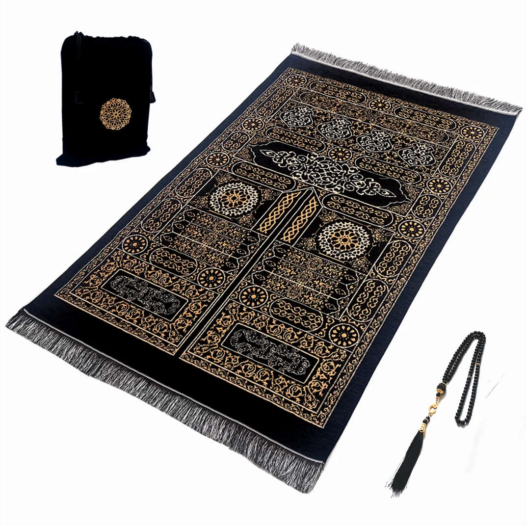 Muslim Prayer Rug Islamic Turkish Black Chenille Ramadan Washable Mat Woaven Islam Carpet Portable Muslims Rug