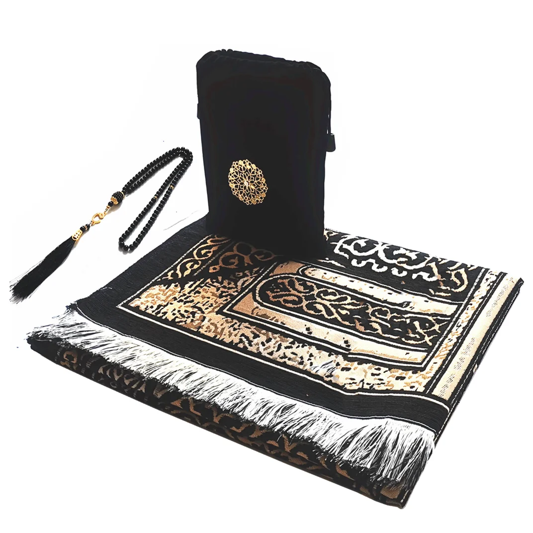 Muslim Prayer Rug Islamic Turkish Black Chenille Ramadan Washable Mat Woaven Islam Carpet Portable Muslims Rug