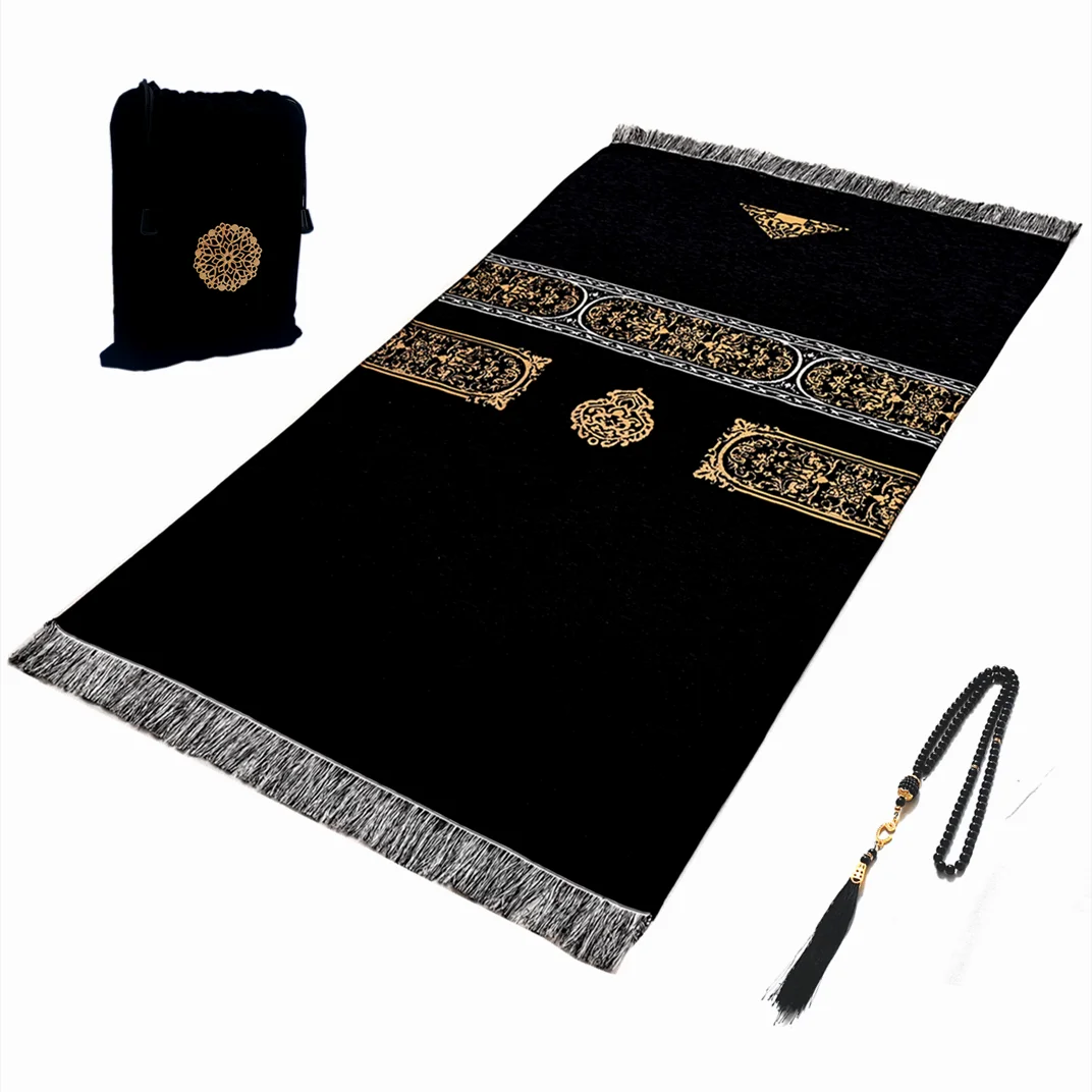 Muslim Prayer Rug Islamic Turkish Black Chenille Ramadan Washable Mat Woaven Islam Carpet Portable Muslims Rug