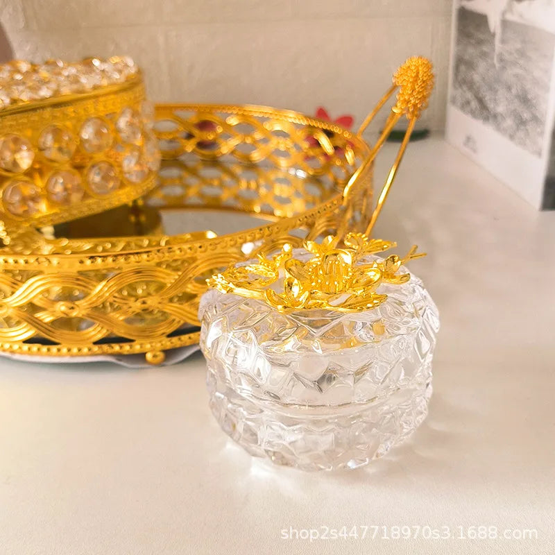 Gold Heart-shaped Incense Burner Set Arab Glass Crystal Bakhoor 4 In 1 Censer Home Decor Ornaments Tearoom Cone Incense Holder