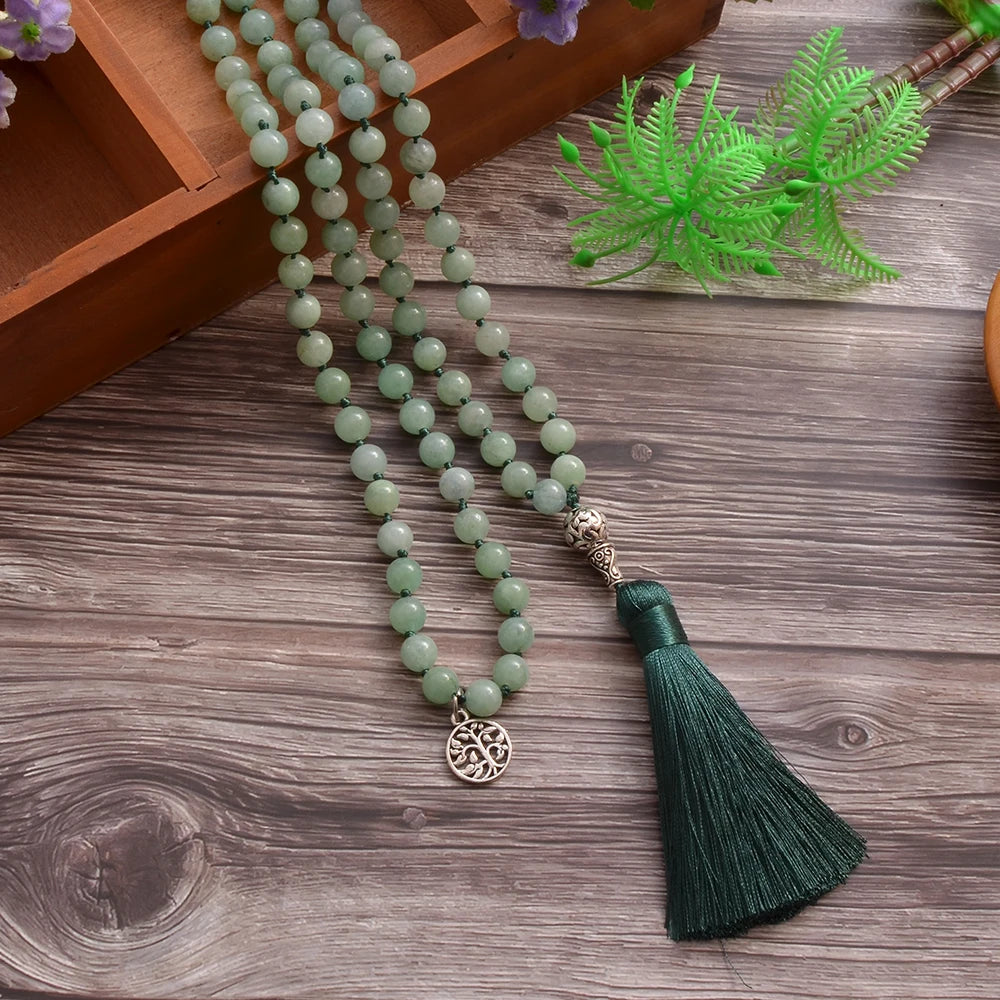 8mm Burmese Stone Beads Knot 108 Mala Necklace Meditation Yoga Prayer Jewelry Tassel Life Tree Pendant Rosary for Men and Women