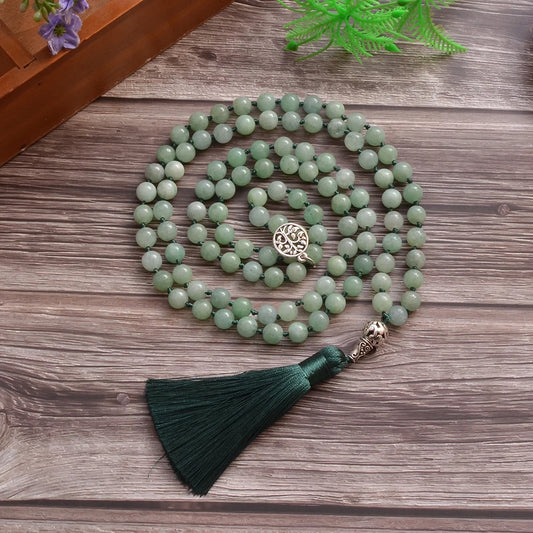 8mm Burmese Stone Beads Knot 108 Mala Necklace Meditation Yoga Prayer Jewelry Tassel Life Tree Pendant Rosary for Men and Women