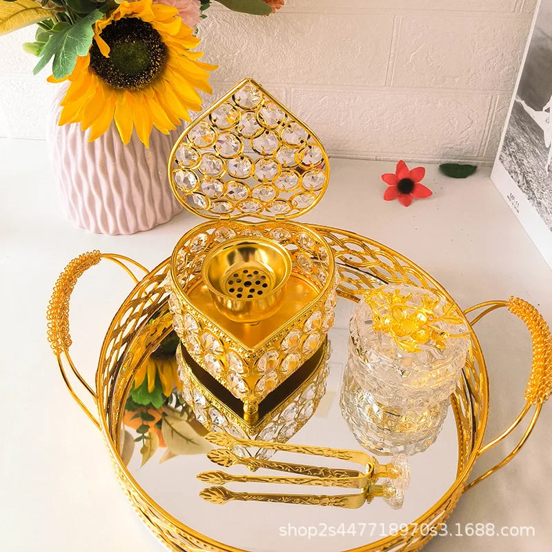 Gold Heart-shaped Incense Burner Set Arab Glass Crystal Bakhoor 4 In 1 Censer Home Decor Ornaments Tearoom Cone Incense Holder