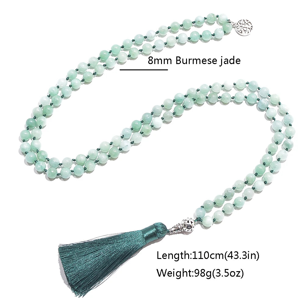 8mm Burmese Stone Beads Knot 108 Mala Necklace Meditation Yoga Prayer Jewelry Tassel Life Tree Pendant Rosary for Men and Women