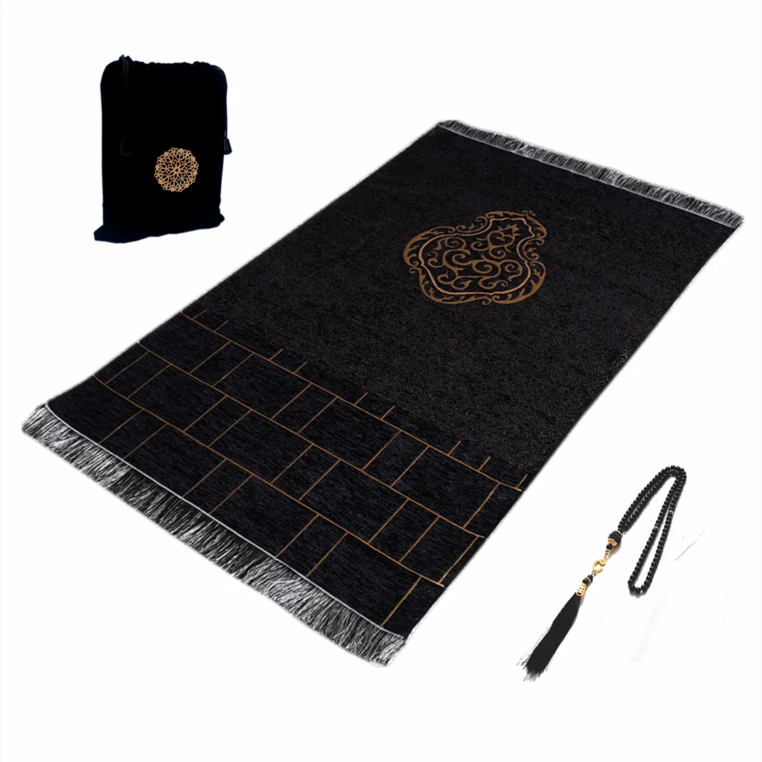 Muslim Prayer Rug Islamic Turkish Black Chenille Ramadan Washable Mat Woaven Islam Carpet Portable Muslims Rug